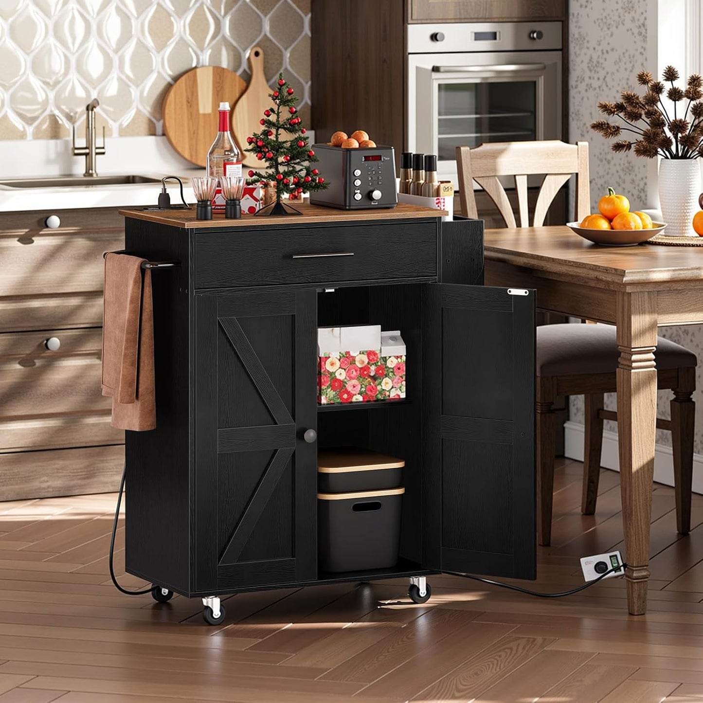 HOOBRO Kitchen Island with Power Outlet, Kitchen Island Storage Island with Large Worktop, Spice Rack and Drawer, Rolling Kitchen Cart on Wheels, for Kitchen and Dining Room, Rustic Brown and Black