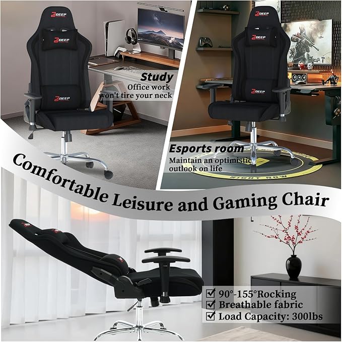 Ergonomic Fabric Gaming Chair with Footrest and Lumbar Support Racing Office Chair Adult-Specific Computer Gaming Chair Wrinkle-Resistant.(1005-Black)