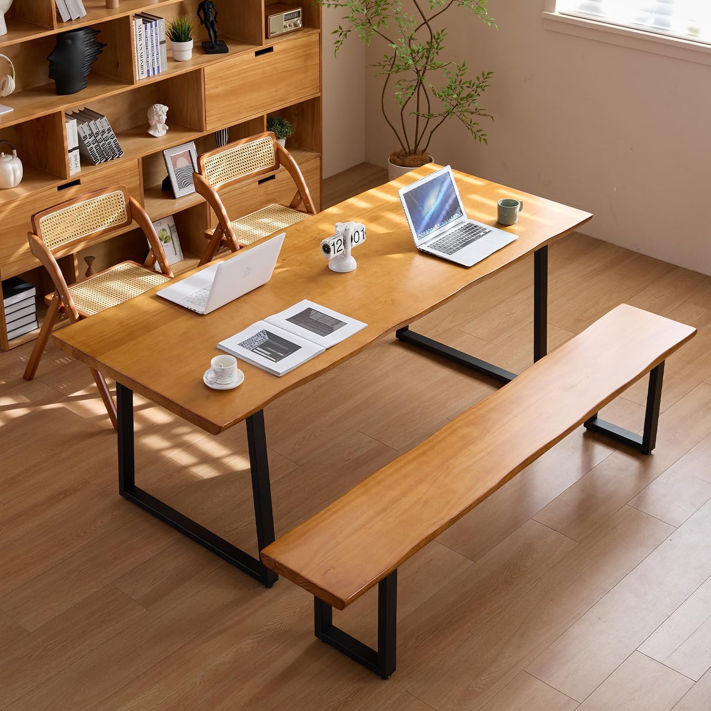 Solid Wood Top Bench with Metal Legs Durable Long Bench for Home Office Living Room Dining Room Versatile Multi Size Options Perfect Chair Stool Dining Bench Dining Chair (Light brown bench, 55.12in)