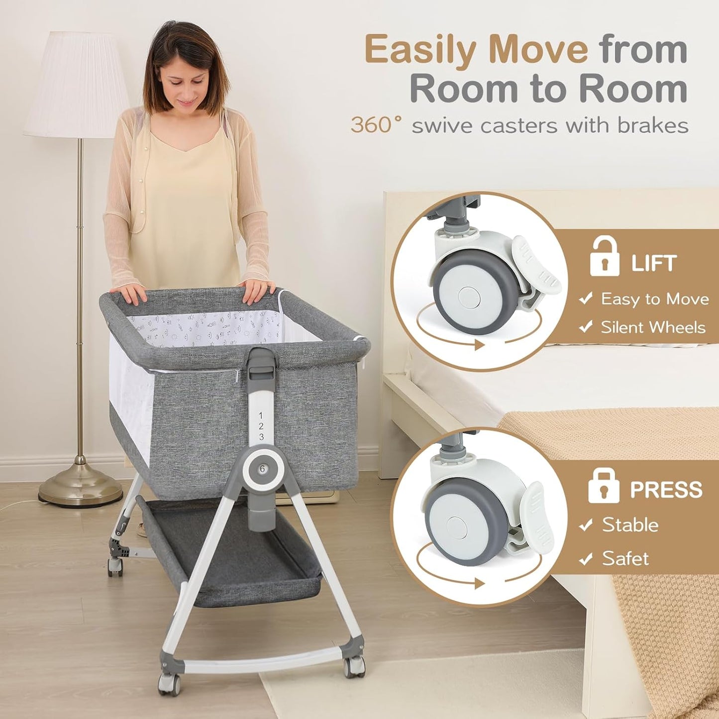 Baby Bassinet, Bedside Bassinet for Baby, 4 in 1 Bassinet Bedside Sleeper with Locked Wheels, Mosquito Net, Adjustable Easy Folding Portable Crib for Infant Newborn, Grey