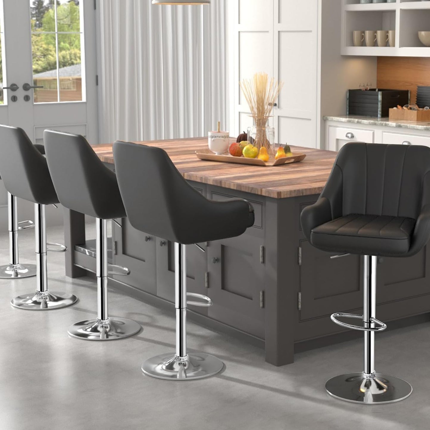 VECELO Bar Stools Set of 4, Adjustable Barstools, Counter Height Stools with Back and Arm, Kitchen Island Stools, Swivel PU Chairs for Pub, Dining Room, Modern Style, PU Black