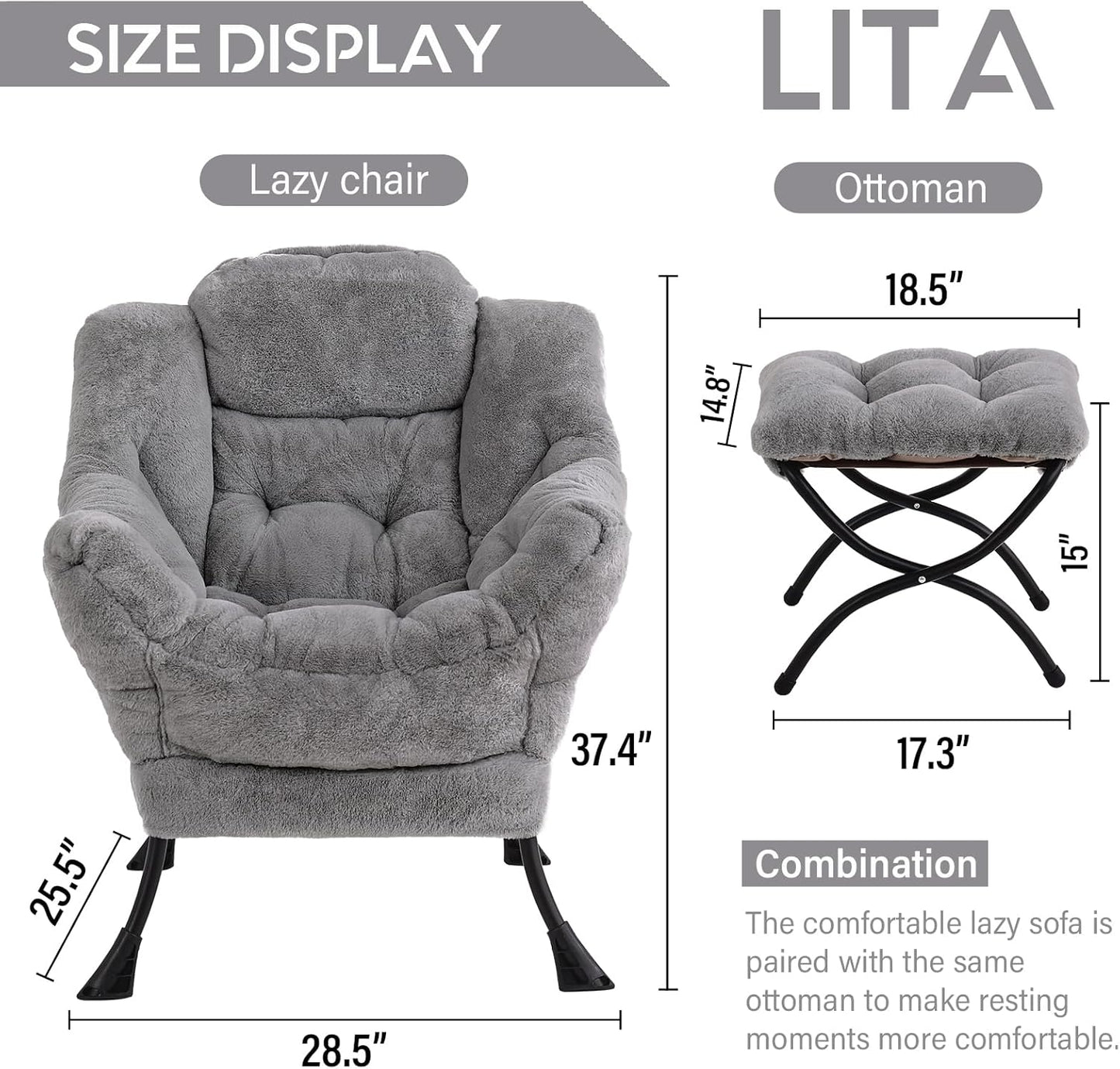 LITA Lazy Chair with Ottoman, Modern Accent Leisure Upholstered Sofa, Contemporary Lounge Reading Chair with Armrests and a Side Pocket for Living Room, Bedroom & Small Space, Plush Grey