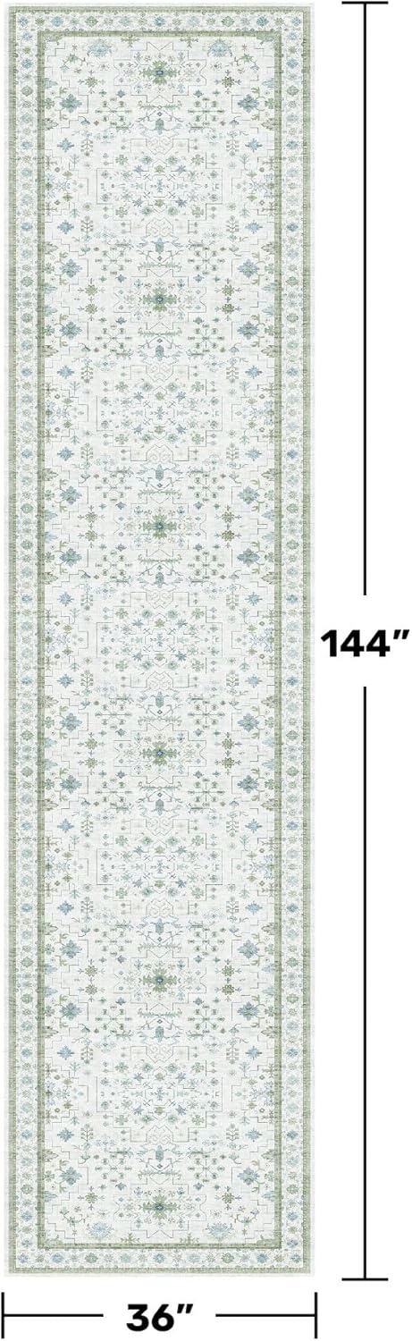 Oushak 3x12 Wide Hallway Runner Rug - Vintage Turkish Floral, Washable Low Pile Non Slip 12ft Long Runners for Large Kitchen, Hall Way - Light Blue and Green