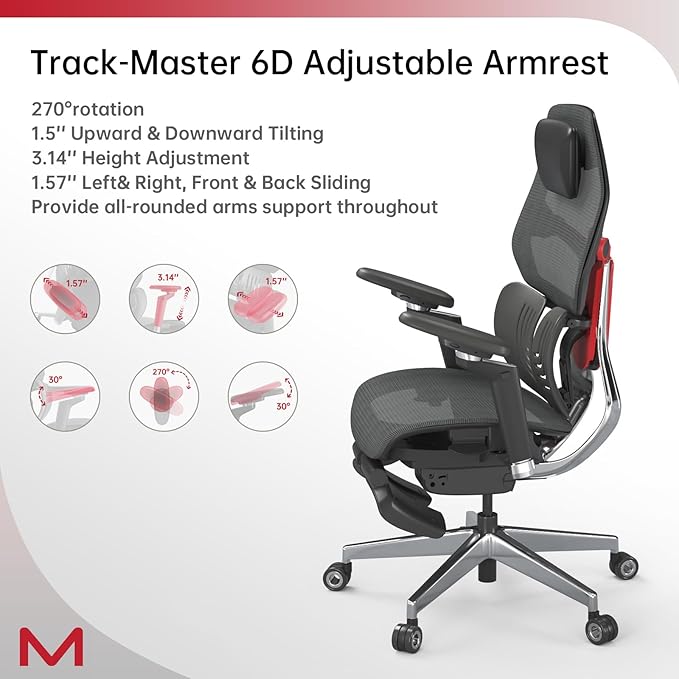 ES2T Computer Desk Gaming Chair with 2-Piece Protrusion Adjustable Lumbar Support Trackmaster 6D Armrest Height Adjustable with 2D Leather Headrest 136° Tilt for Office and Gaming
