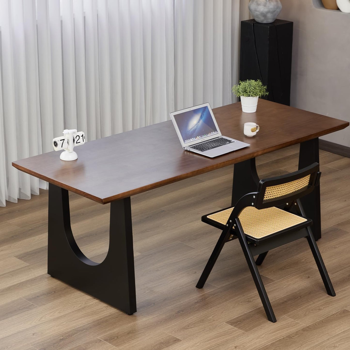 Wooden Executive Office Desk Computer Table Multi-Sized High Cost Performance Stylish Design Metal Legs Versatile Use for Office or Dining Casual Table (Walnut Color, 55.12in)