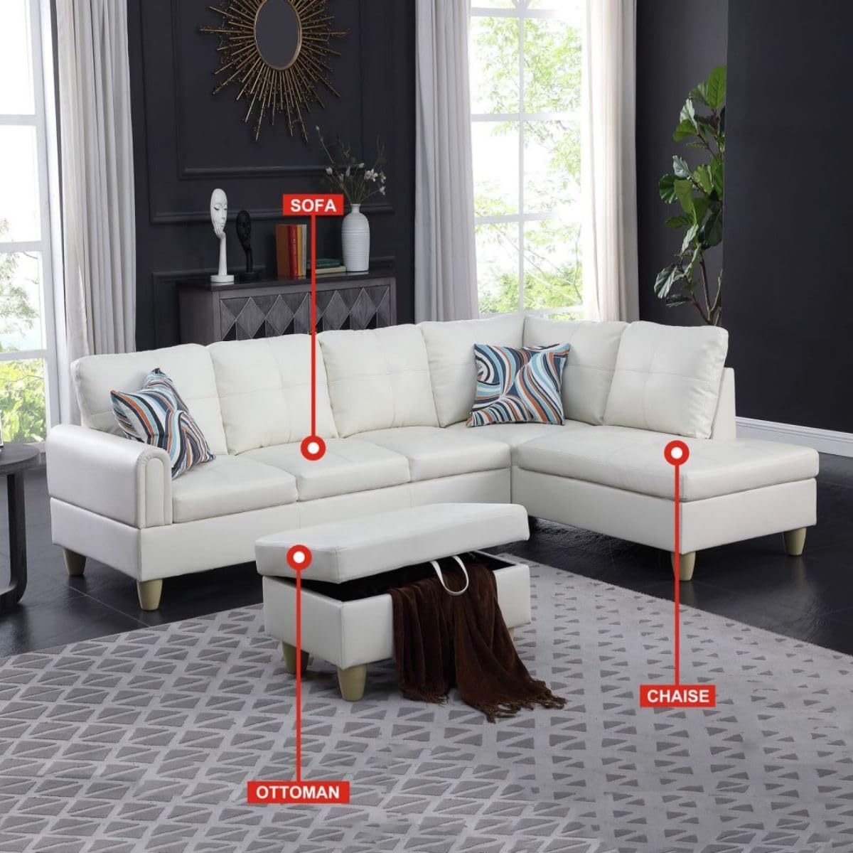 White L-Shaped 3-Piece Faux Leather Sofa with Storage Ottoman Set, Sectional Couch Sofa Set for Living Room, Office, Small Space