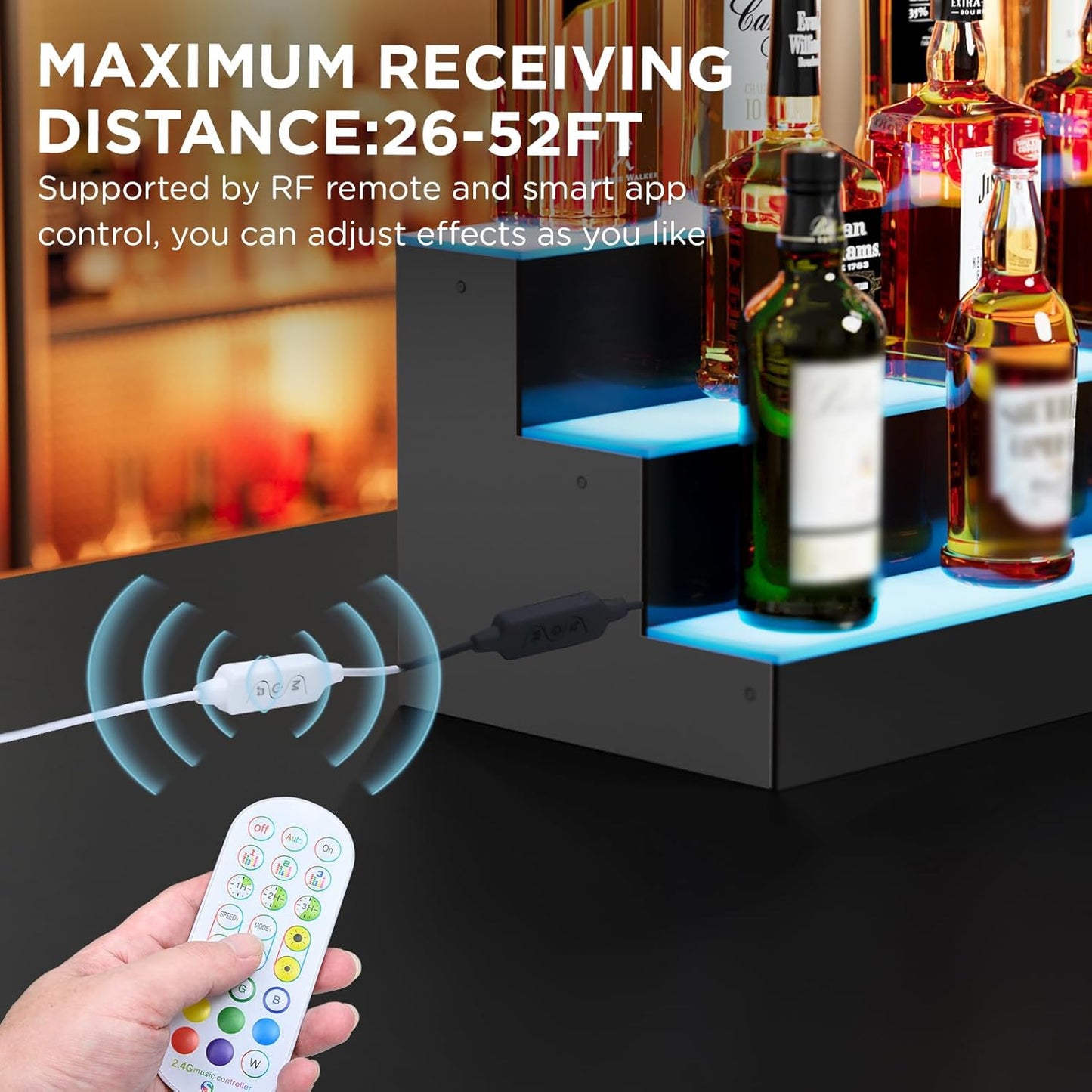 Dethan 3 Tier 30 Inch Liquor Bottle Display Shelf - Illuminated Wine Racks with Multi-Color App & Remote Control, Adjustable Brightness & Sound Modes, Acrylic Bar Shelves Displays