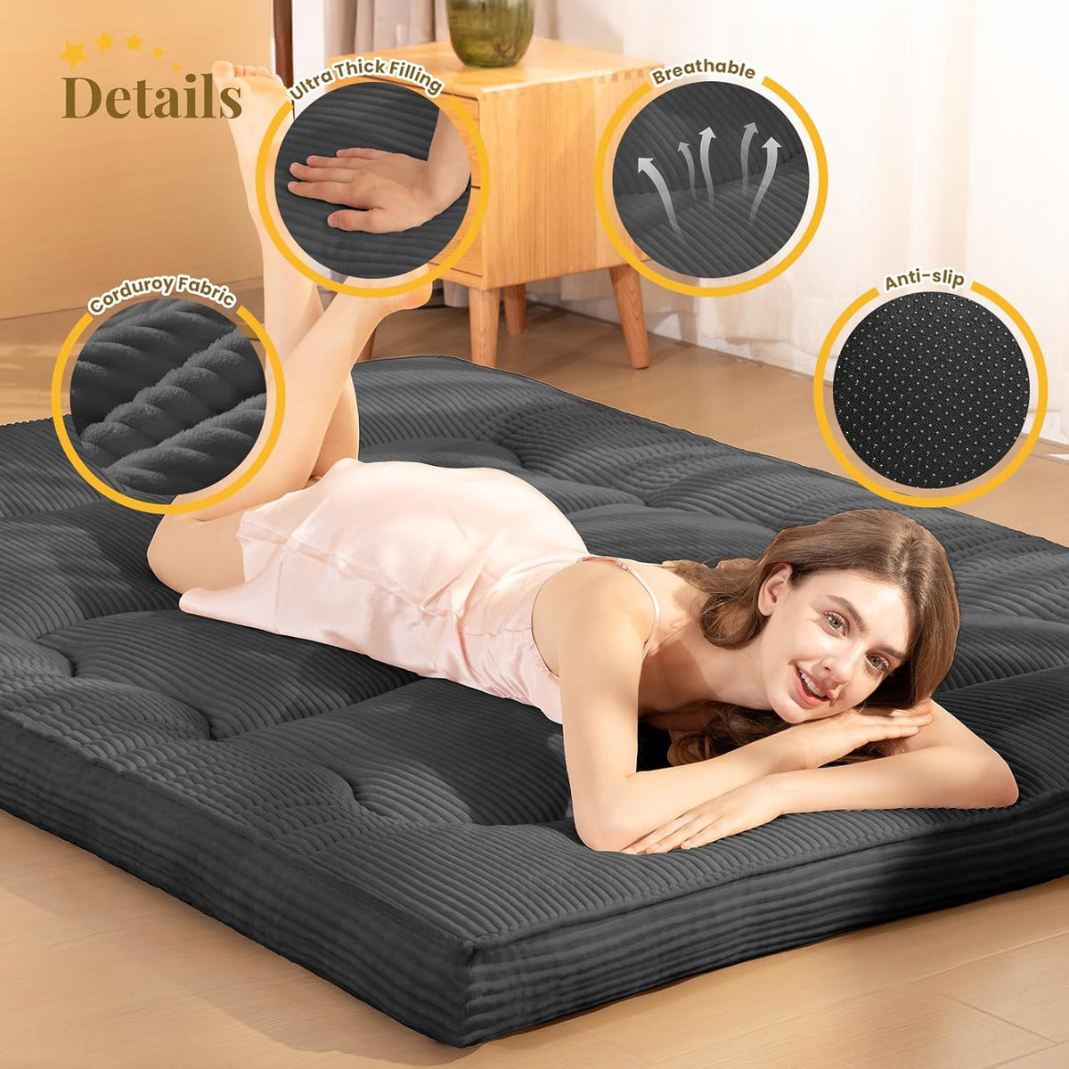 Japanese Floor Mattress, 4" Thicken Futon Mattress Queen Size Sleeping Pad, Corduroy Foldable Floor Pad, Roll Up Tatami Mat for Adults Guest Room Bedroom, Grey