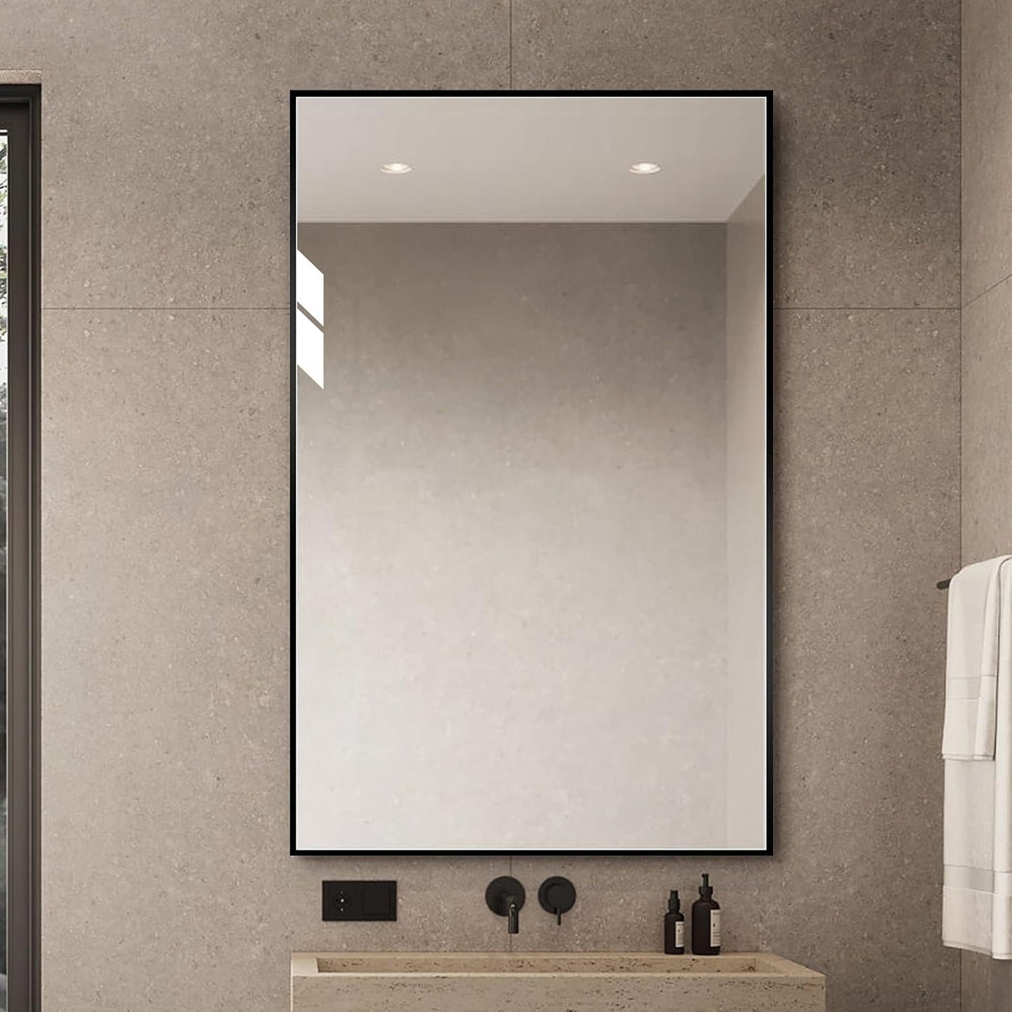 Black Bathroom Mirror for Wall, Rectangle Mirrors with Metal Frame, Modern Vanity Wall Mirror Decor for Entryway Hangs, Bathroom Living Room Horizontal or Vertical (Black, 48" L x 30" W)