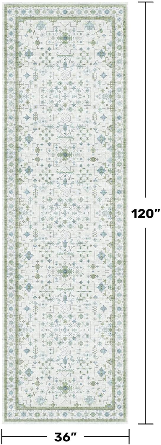 Oushak 3x10 Wide Hallway Runner Rug - Vintage Turkish Floral, Washable Low Pile Non Slip 10ft Long Runners for Kitchen, Hall Way - Light Blue and Green