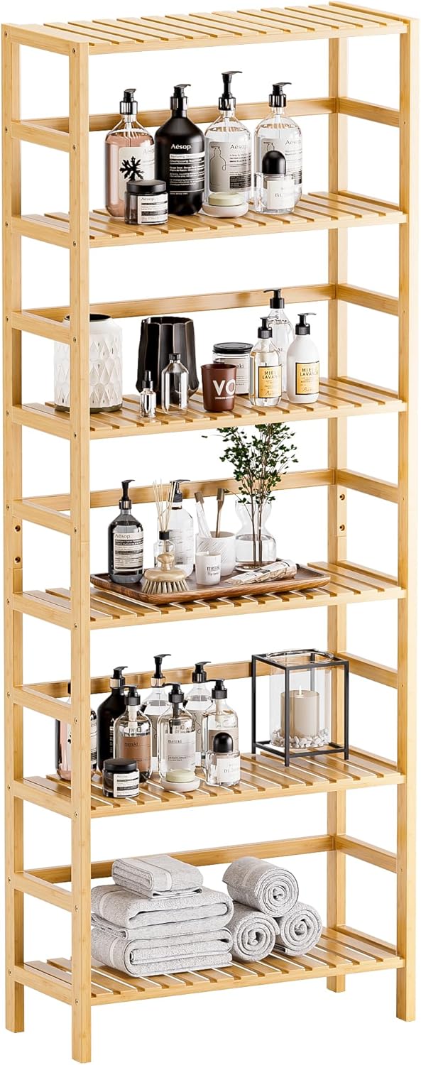 HITNET Bamboo Shelf, 6-Tier Adjustable Tall Open Bookcase, Bathroom Storage Rack Freestanding Shelving Unit, Plant Display Stand for Small Space, Natural