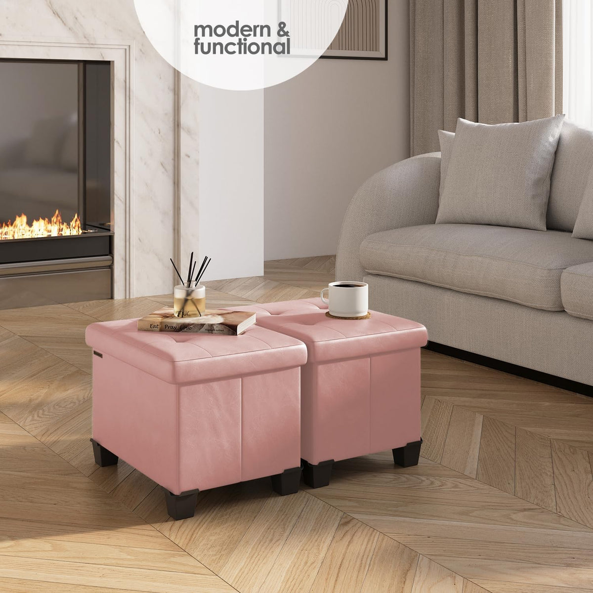 STORAGEBUD Storage Ottoman Cube with Small Bin, 16-in Square Ottoman with Storage for Living Room and Bedroom, Small Ottomans Foot Rest, Faux Leather Foot Stools Ottomans Max 330lbs, Pink