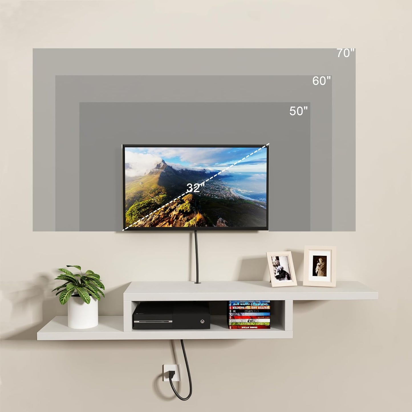 ChooChoo Wall Mounted TV Stand, Media Console Stand, 60” TV Storage Shelf, Floating TV Stand Entertainment Shelf for Living Room, Bedroom, White