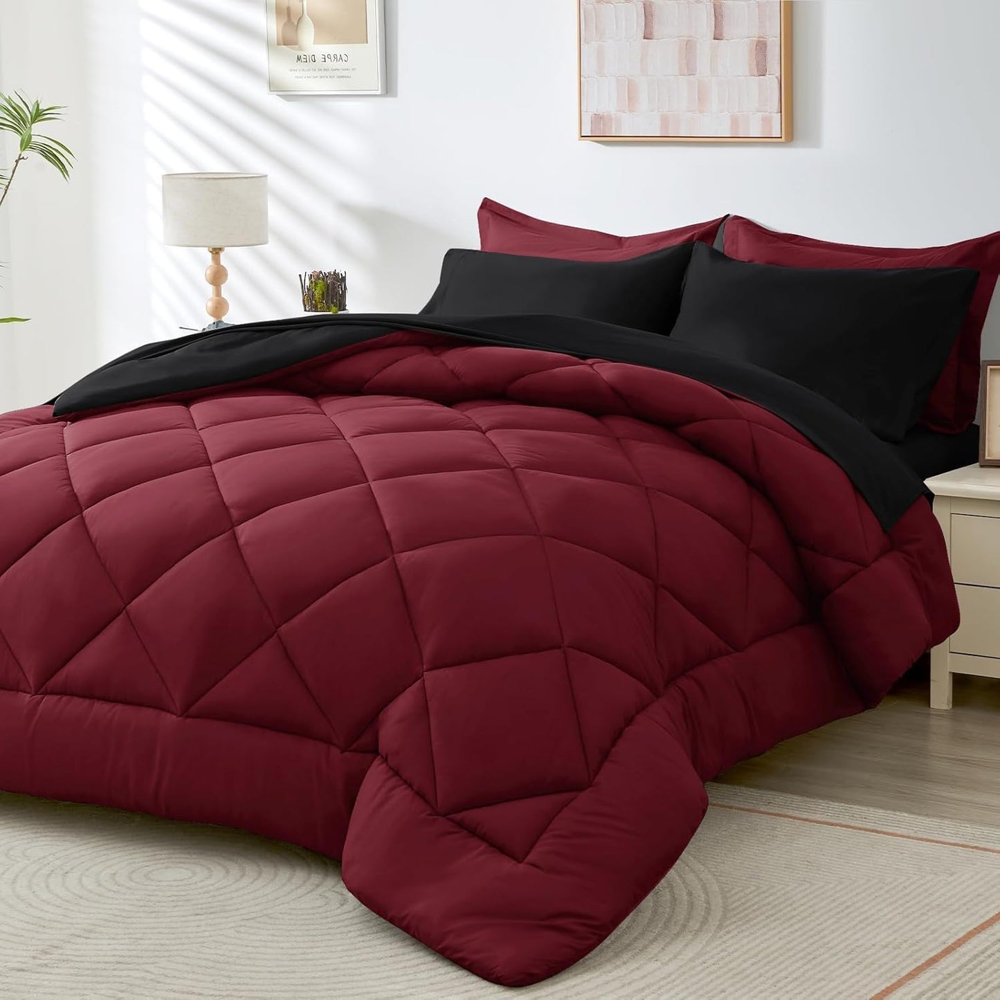 HEVUMYI Red & Black Twin-XL Comforter Set - 5-Piece All Season Bed in a Bag Twin-XL, Ultra Soft Bedding Set with Burgundy Comforter, Flat Sheet, Fitted Sheet, Pillowcases, Pillow Shams