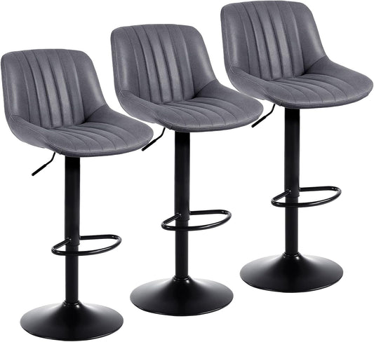 Bar Stools Set of 3, Swivel Counter Height Barstools with Back, Adjustable PU Leather Bar Chairs, Modern Armless Kitchen Island Stool, Dark Grey