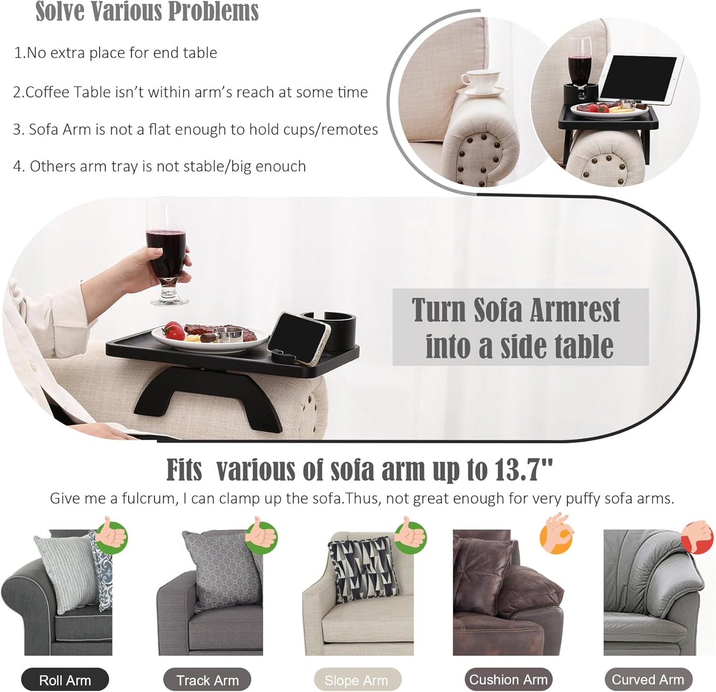 Nnewvante Couch Cup Holder,3 in 1 Large 15.36"x9.85" Bamboo Couch Arm Table Sofa Arm Clip on TV Tray Table with 360°Rotated Phone/Cup Holder, Black