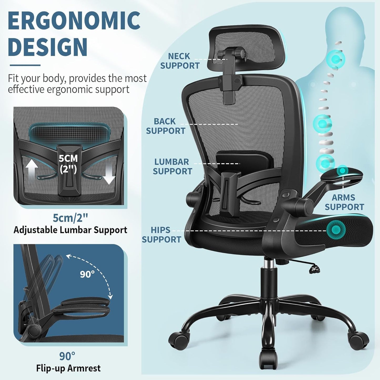FelixKing Ergonomic Office Chair, Headrest Desk Chair with Adjustable Lumbar Support, Home Office Swivel Task Chair with High Back and Armrest, Adjustable Height Gaming Chair(Black),Pack of 2