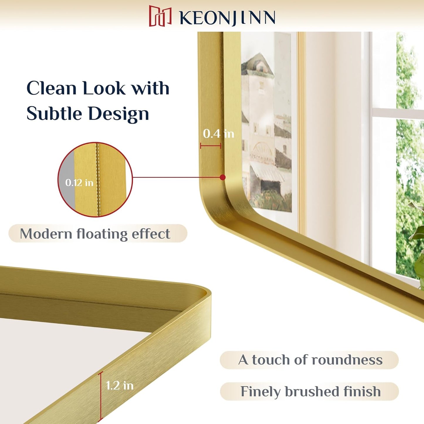 Keonjinn Gold Bathroom Mirrors for Over Sink 48” x 24” Large Brushed Brass Metal Framed Wall Mirror, Rounded Rectangle Bathroom Vanity Mirror, HD Tempered Glass Full Body Mirror(Horizontal/Vertical)