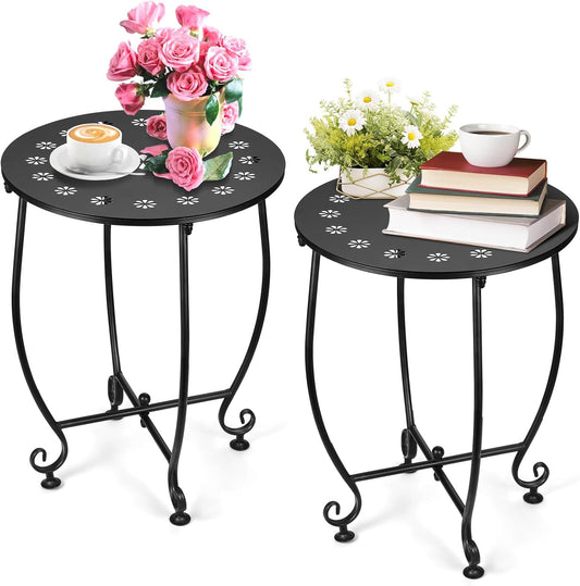 2 Pack Outdoor Side Tables for Patio, Weather Resistant Steel Patio Side Table, Small Round Outdoor End Table Metal Side Table for Patio Yard Balcony Garden Black (Petal)