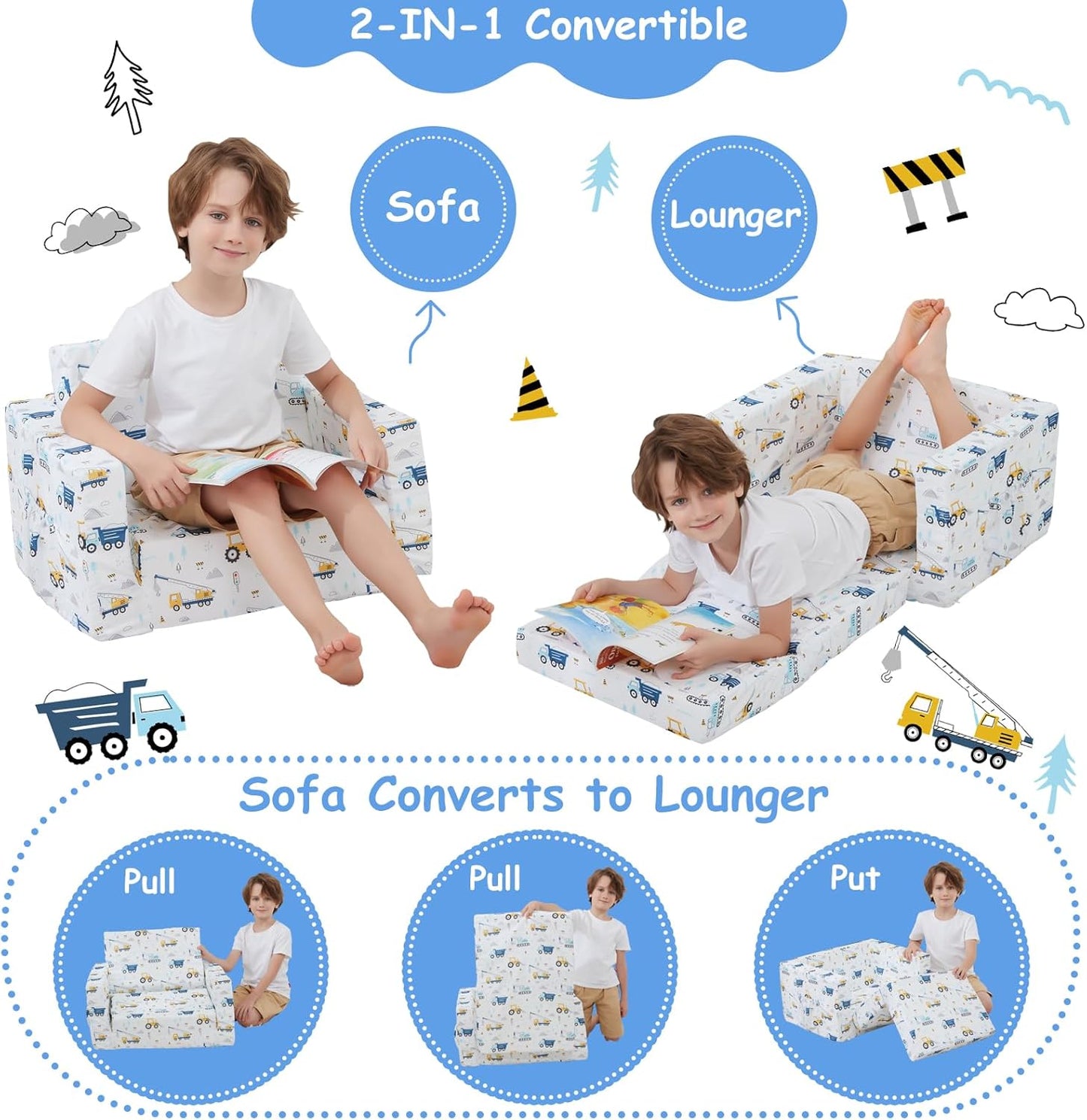 Viviland Kids Chairs for Toddler,2-in-1 Soft Toddler Couch Fold Out,Convertible Soft to Lounger Toddke Chair Comfy for Girls and Boys,White Bottom Excavator