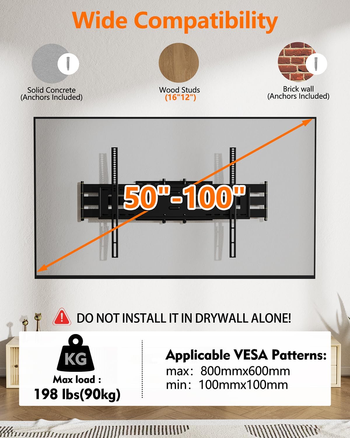 FORGING MOUNT Heavy Duty TV Wall Mount, Dual Articulating Arm Full Motion TV Wall Mount Bracket with 43 inch Long Arm,Fits 50 to 100 Inch TVs, Holds up to 198 lbs,Max VESA 800x600mm