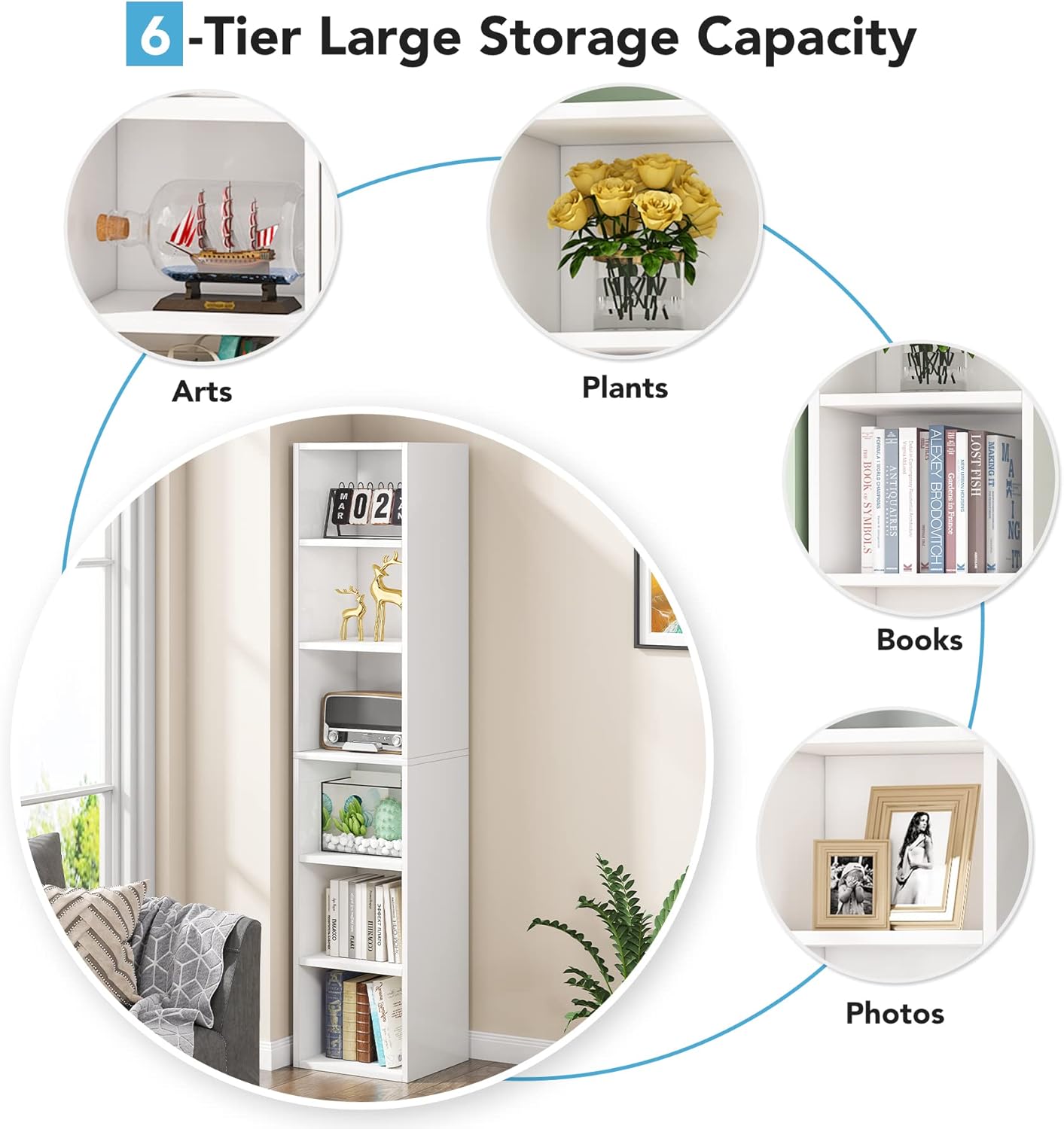 LITTLE TREE 70.9 Inch Tall Narrow Bookcase, Corner Bookshelf 6 Tier Cube Display Shelf Storage Organizer for Small Space, White