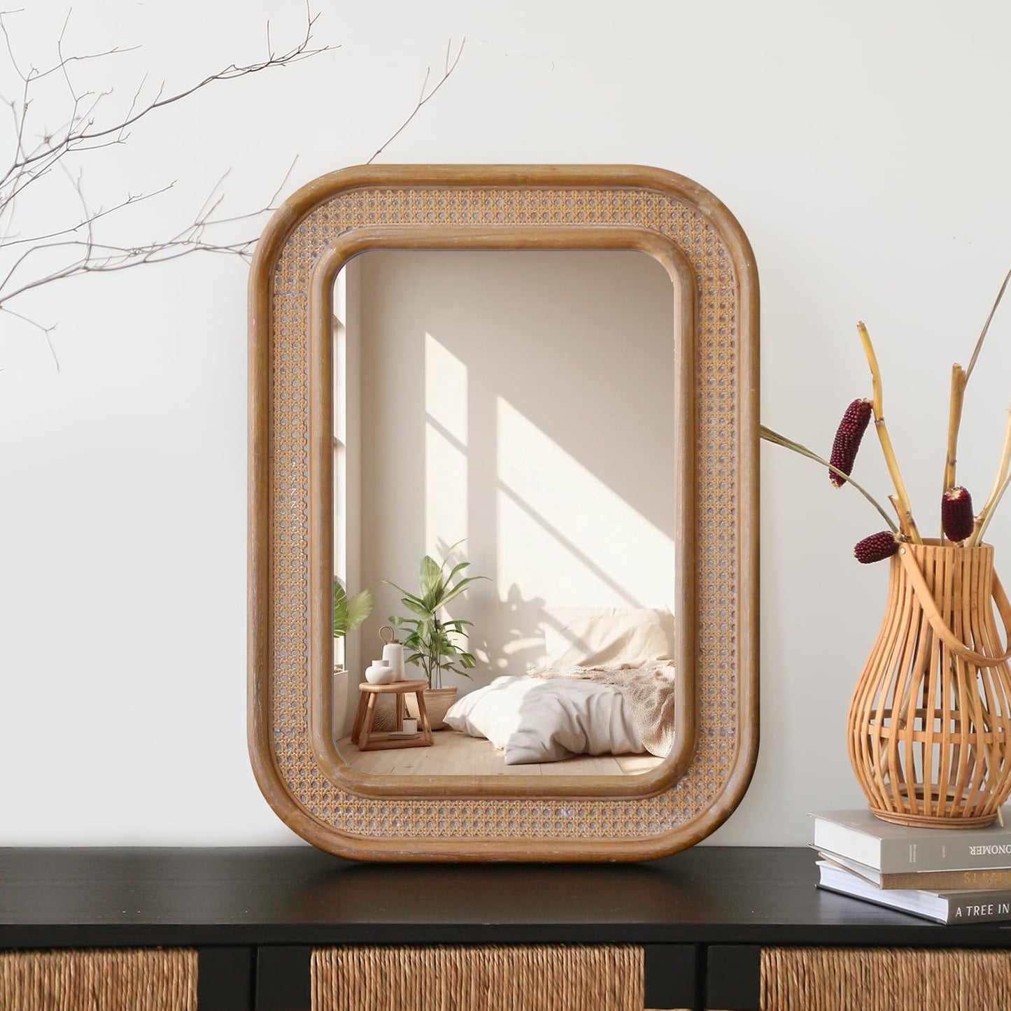 Micasso Rustic Wicker Wall Mirror: 30x22 in Purely Handmade Wooden Frame Rattan Mirror - Rectangular Shabby Chic Boho Bamboo Mirrors for Farmhouse/Bathroom/Bedroom/Living Room/Home Decor