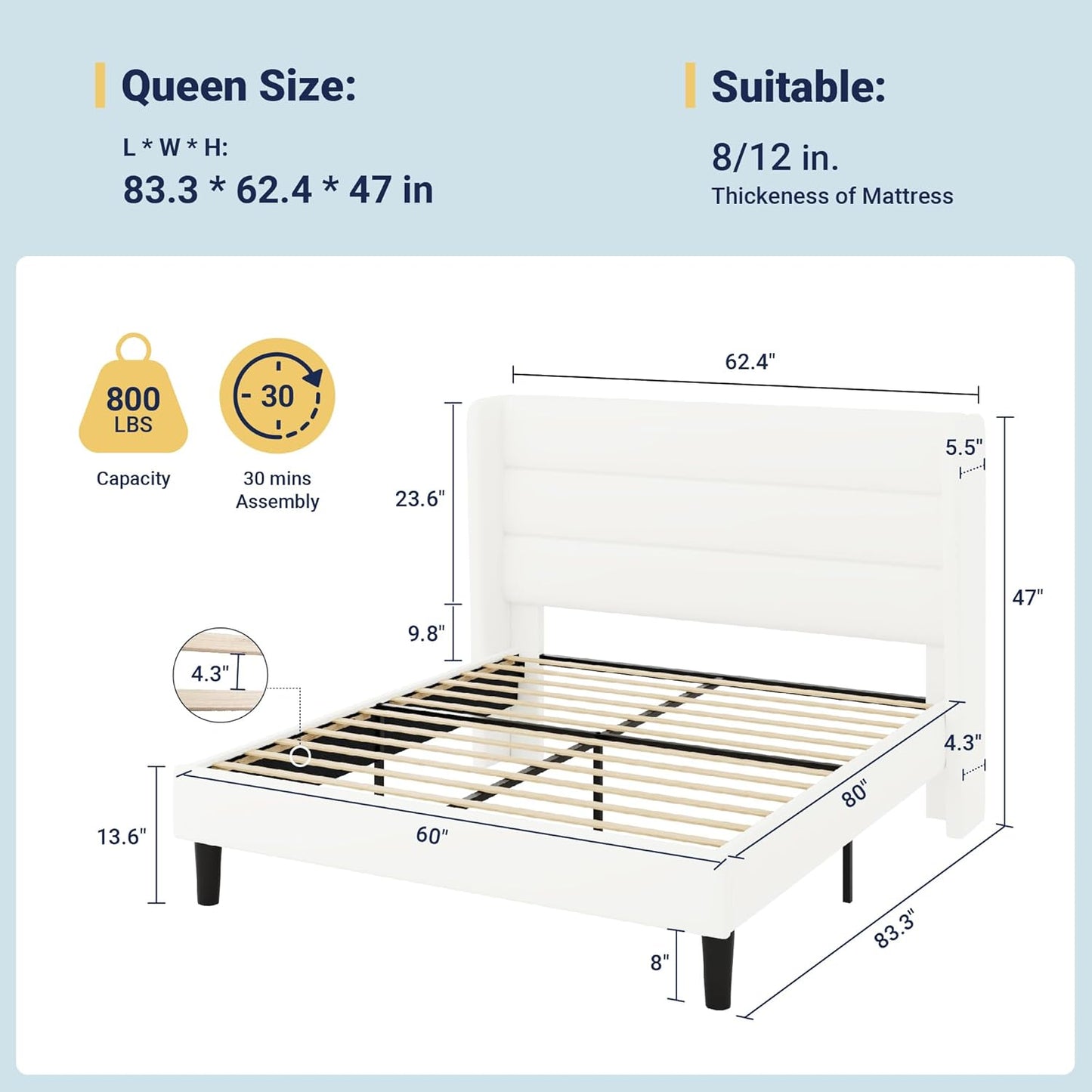Allewie Queen Size Platform Bed Frame with Velvet Upholstered Wingback Headboard, No Box Spring Needed, Under Bed Storage Space, Strong Wooden Slats, Modern Mattress Foundation, Easy Assembly, White