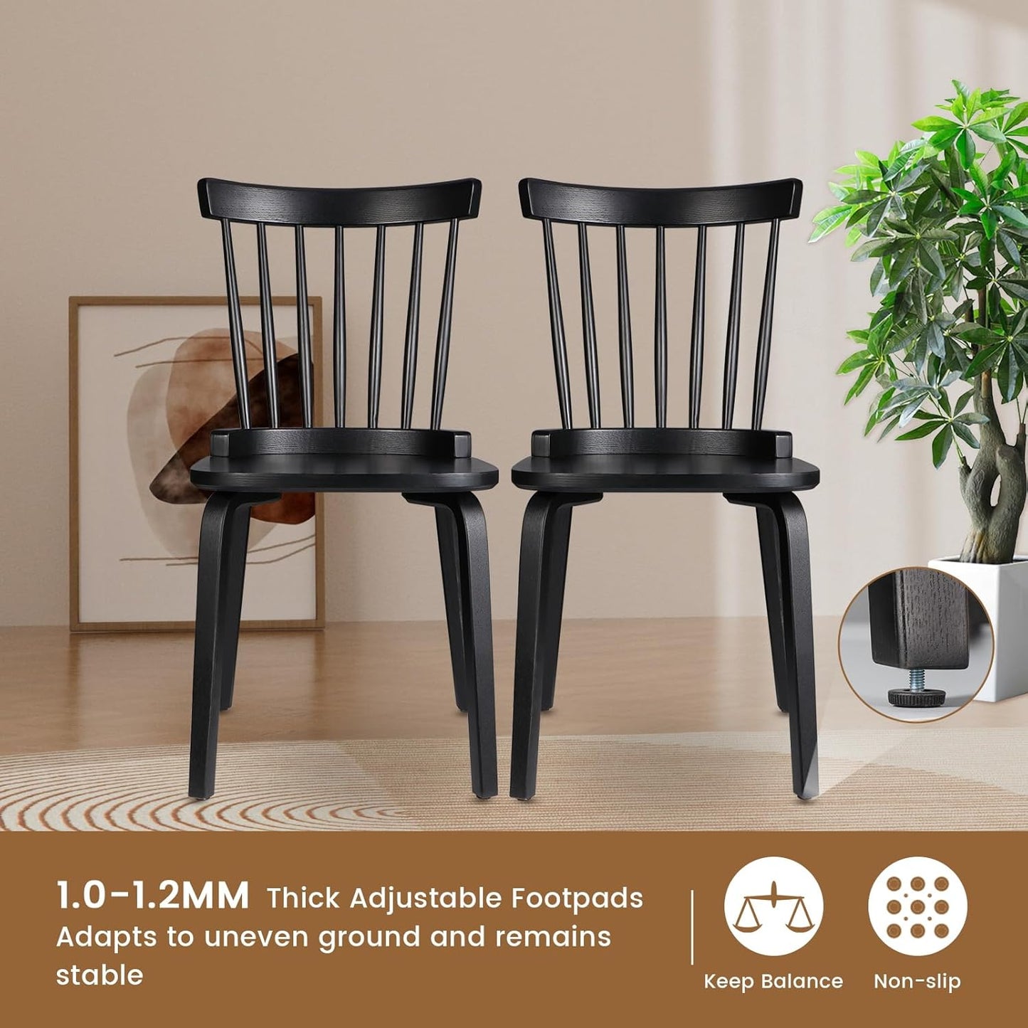 Unovivy Wood Dining Chairs Set of 4, Farmhouse Spindle Back, Widen Seat, Modern Mid-Century Country Style, for Living Room Restaurant, Black