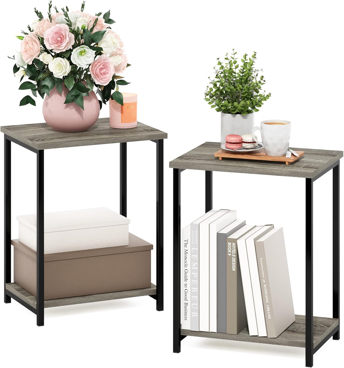 Furinno Simplistic Metal Frame End Table, 2-Pack, French Oak