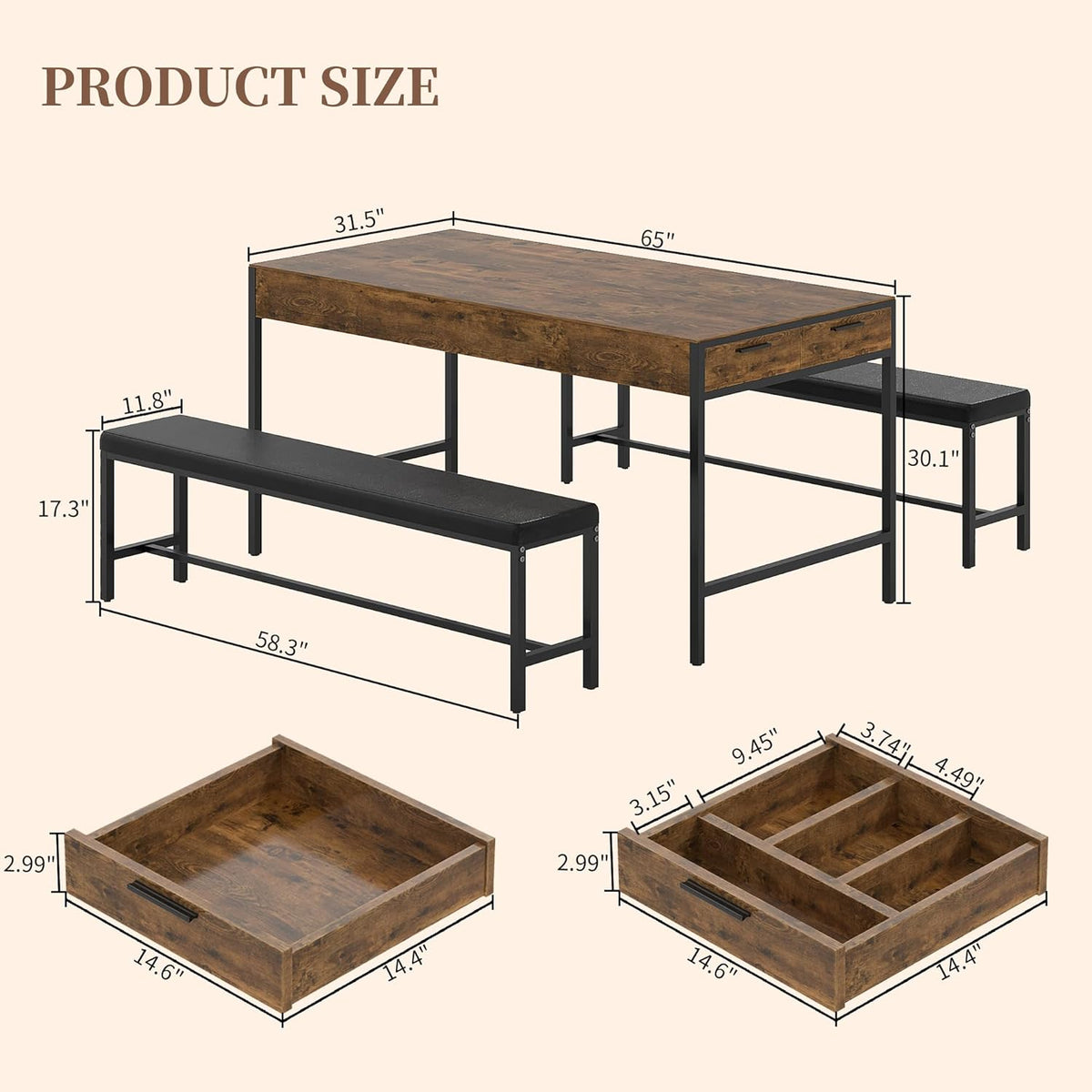 VECELO 65" Dining Table Set for 4-6, 3-Piece Kitchen Set with 2 Utensil Drawers, 2 Benches & Wine Rack, Space Saving & Heavy Duty, with Metal Frame & MDF Board, Rustic Brown