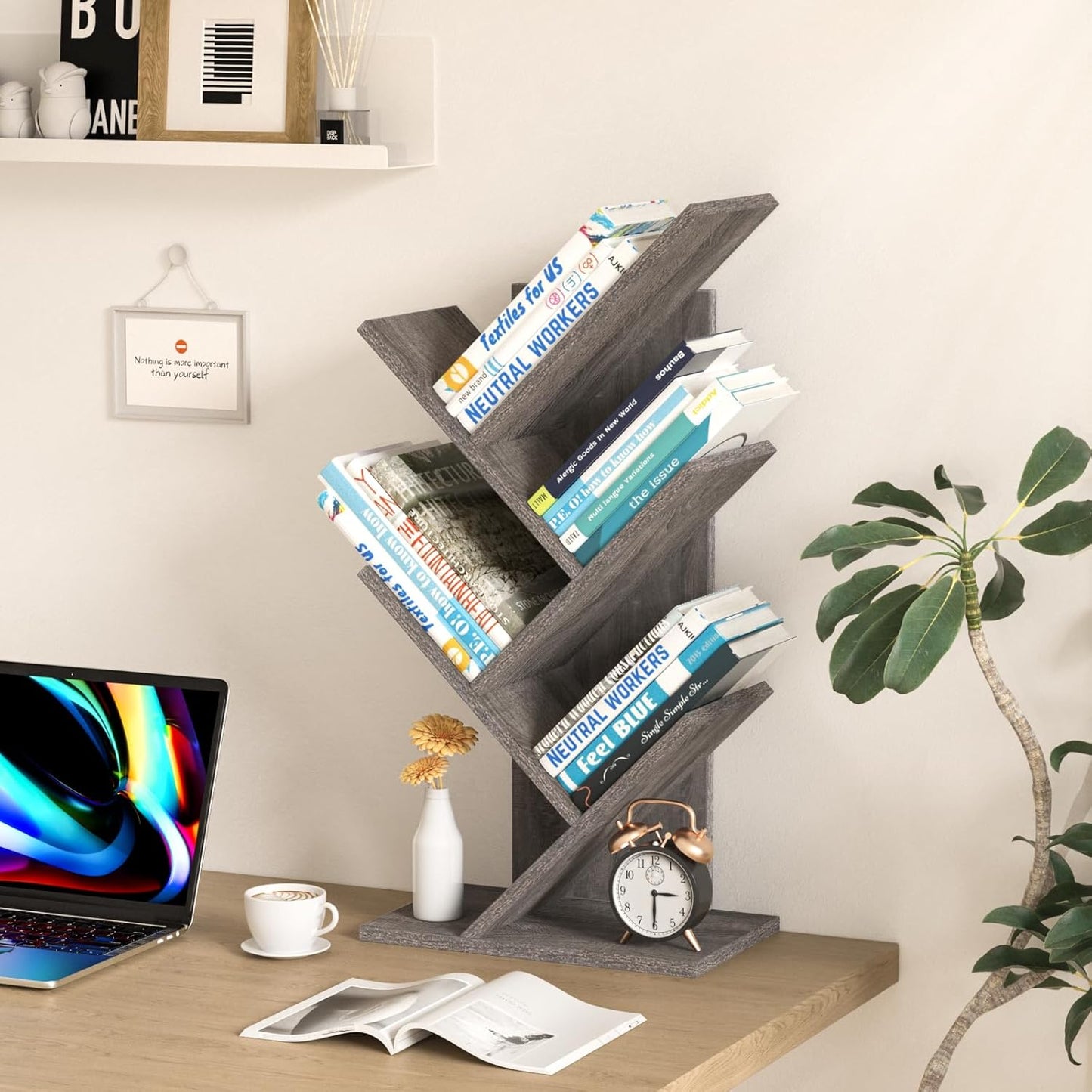5 Tier Tree Book Shelf, Small Desktop Bookshelf with Storage Organizer, Wood Bookcase, Desk Display Bookshelves, Floor Standing Organizer Bookcases for Living Room,Bedroom,Office - Light Grey