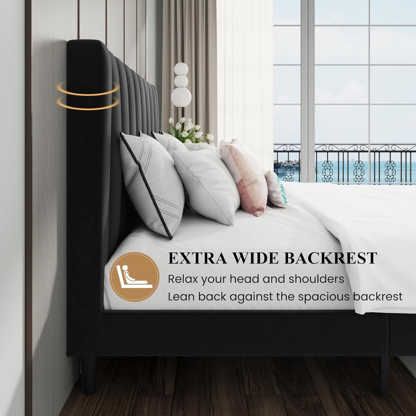 SHA CERLIN King Bed Frame/Velvet Upholstered Platform Bed Frame with Headboard/Strong Wood Slats Support/Mattress Foundation/No Box Spring Needed - Black