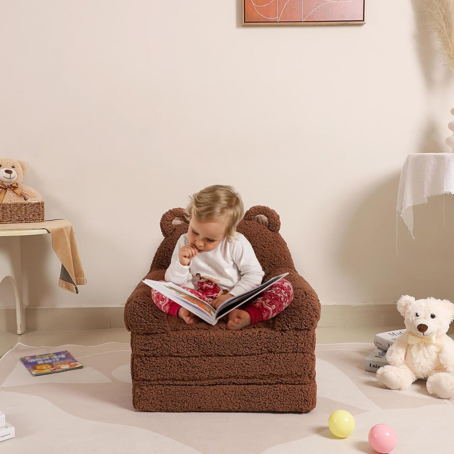 Foldable Kids Sofa, Sherpa Teddy Bear Toddler Couch with Tri Folding Foam Cushions, Comfy Couch for Kids Age 18 Months and Up