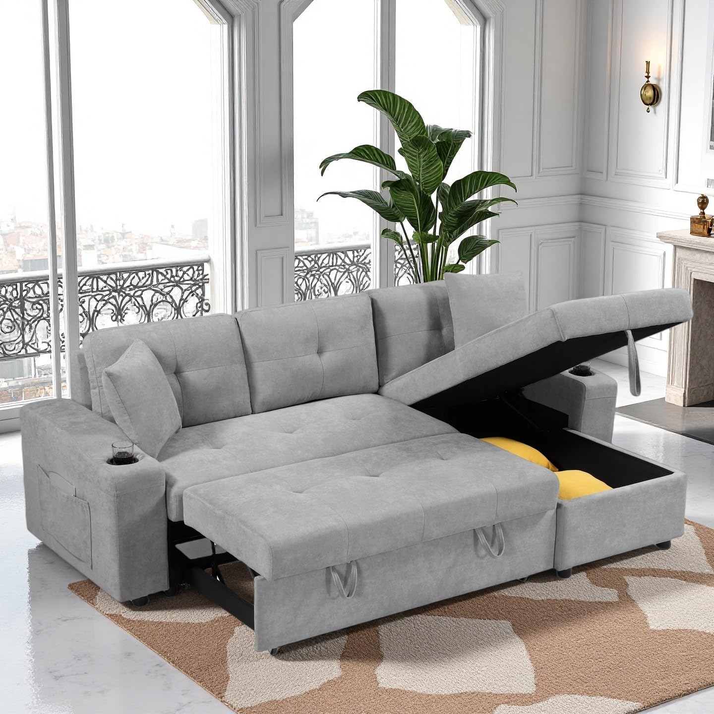L Shape Pull Out Sofa Bed with Cup Holder, Convertible Sectional Couch with Reversible Chaise Storage, Modular 4 Seat Sofa with Side Pockets, for Living Room, Apartment, Office, Light Gray