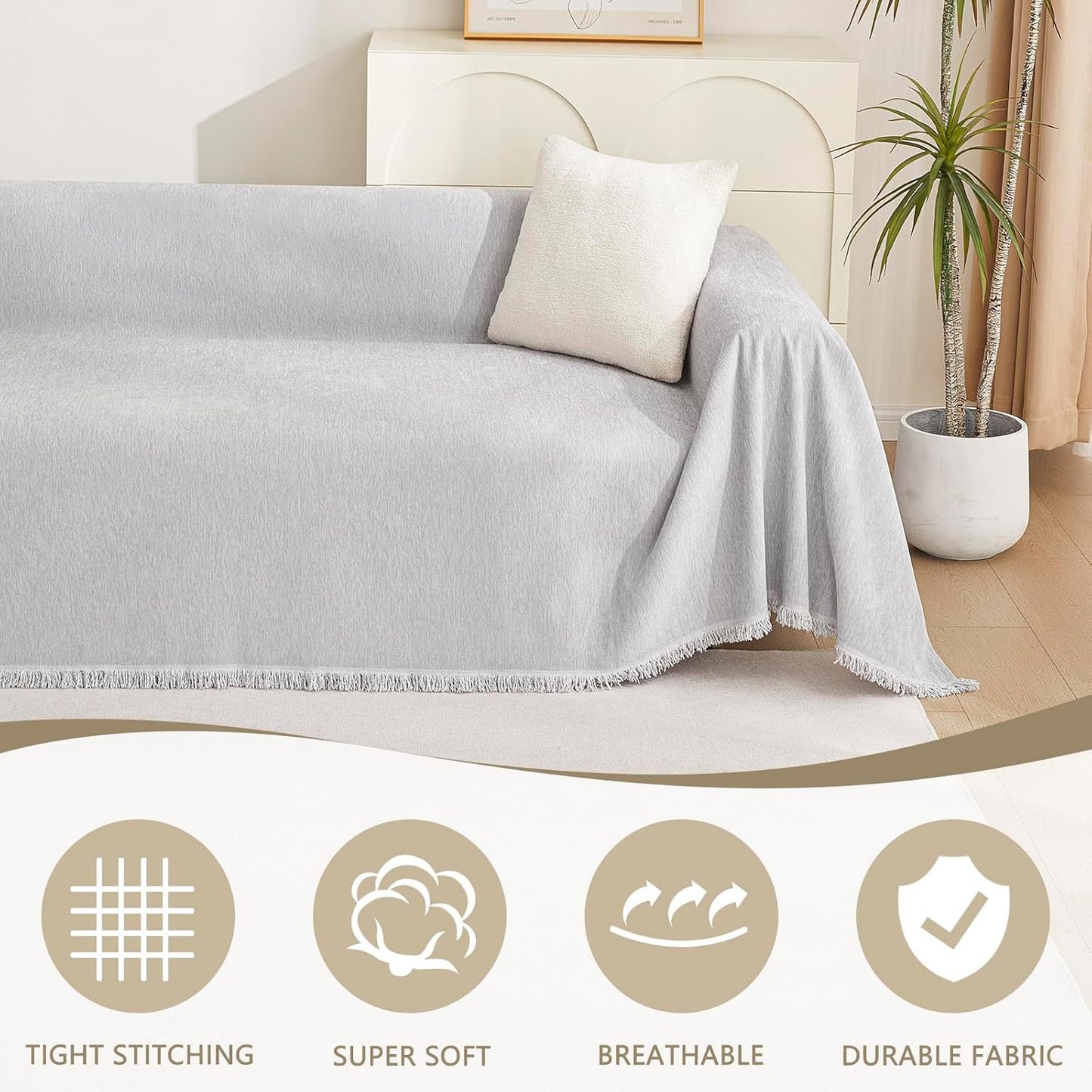 MYSKY HOME Sofa Cover for Dogs, Washable, Boho, Thick & Durable Sectional Couch Covers, Furniture Protector, 71"x 150", Light Gery