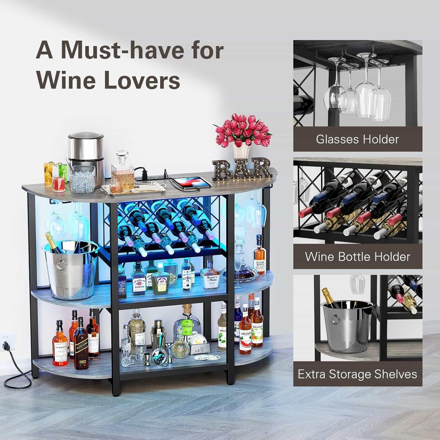 Zarler Bar Cart with Power Outlet Easy to Assemble, LED Home Bar Cabinet for Liquor, 47.3" L x 15.8" D x 36" H Metal Mini Bar Table with 4-Tier Storage, Light Grey
