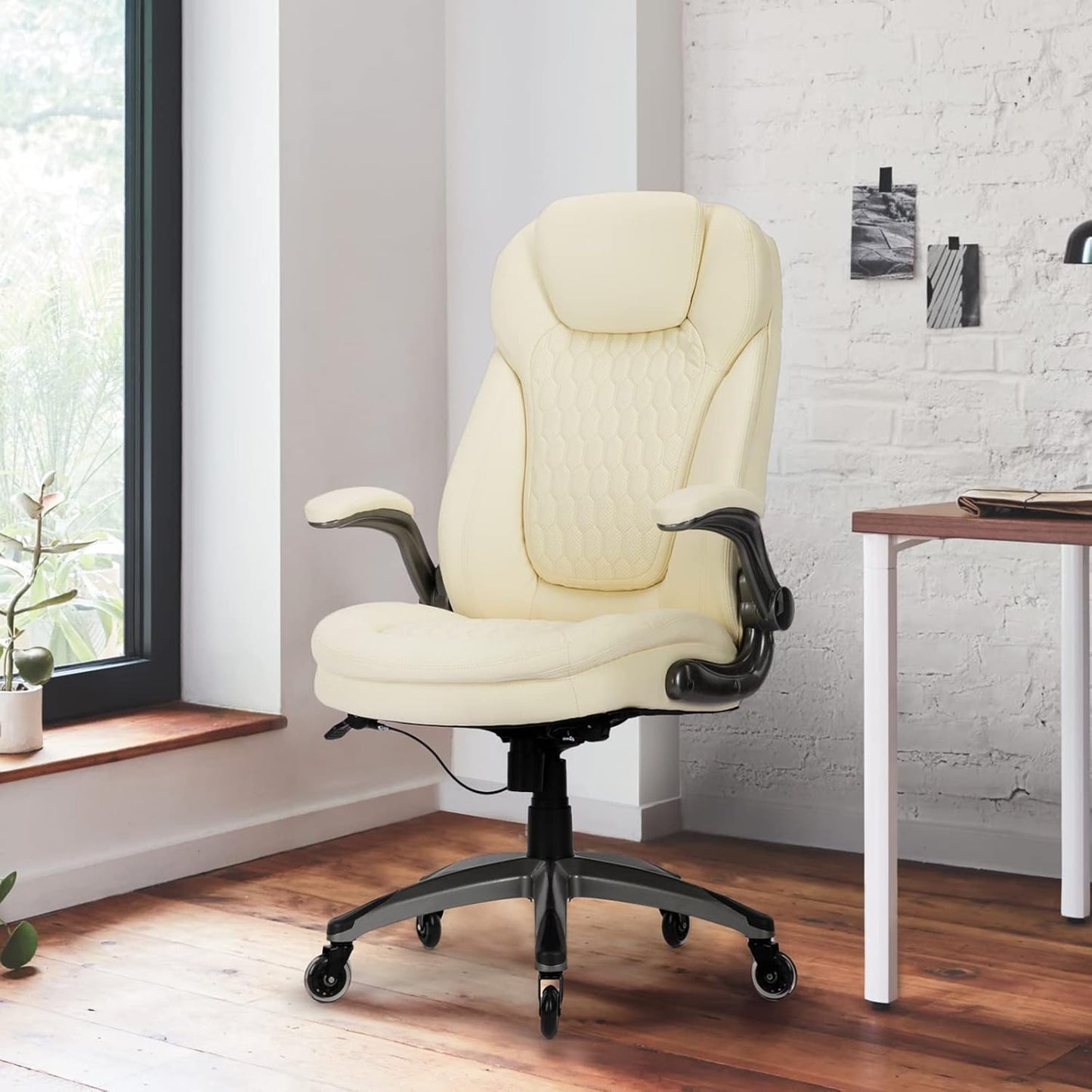 Executive Office Chair-Ergonomic Computer Desk Chair, High Back Leather Chair Swivel Home Office Chair with Upgraded Casters-Ivory, Set of 2