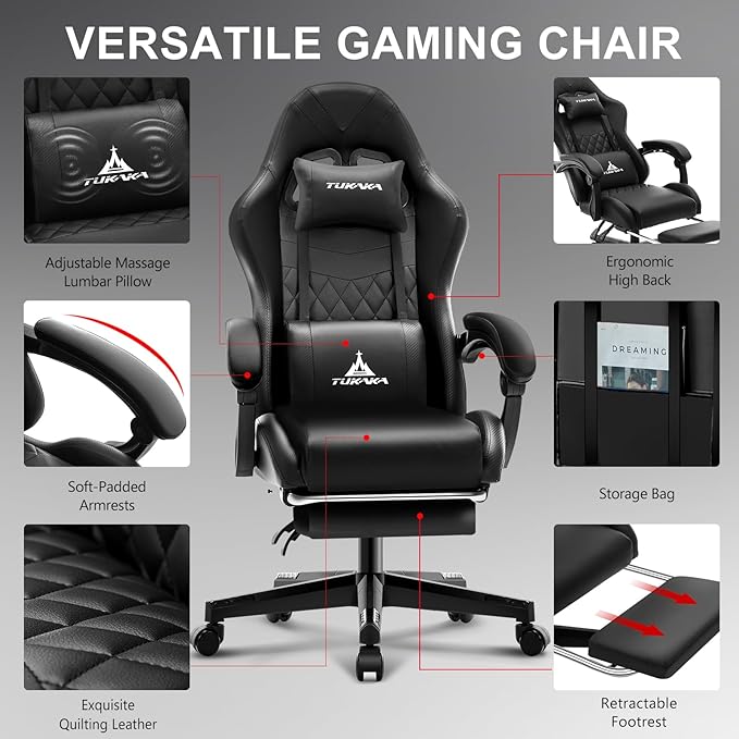 Gaming Chair,Ergonomic Massage Computer Office Desk Chair with Footrest,Pocket Spring Cushion,Reclining Leather Adjustable Gamer Chair with Headrest and Lumbar Support,Black