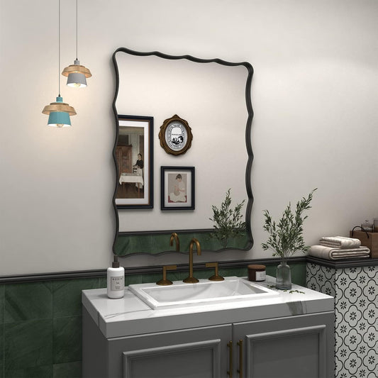 24x32 Black Bathroom Mirror for Wall, Rectangle Framed Mirror for Bathroom, Decorative Wall Mirror with Wavy Frame, Anti-Rust(Horizontal/Vertical)