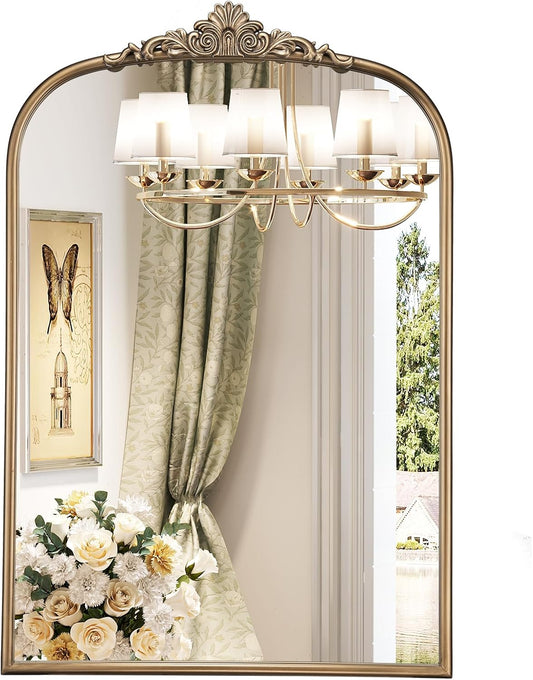 24" x 36" Antique Gold Arched Mirror for Wall, Vintage Brass Bathroom Mirror with Metal Frame, Bronze Ornate Gold Vanity Mirror for Entryway, Mantel, Powder Room