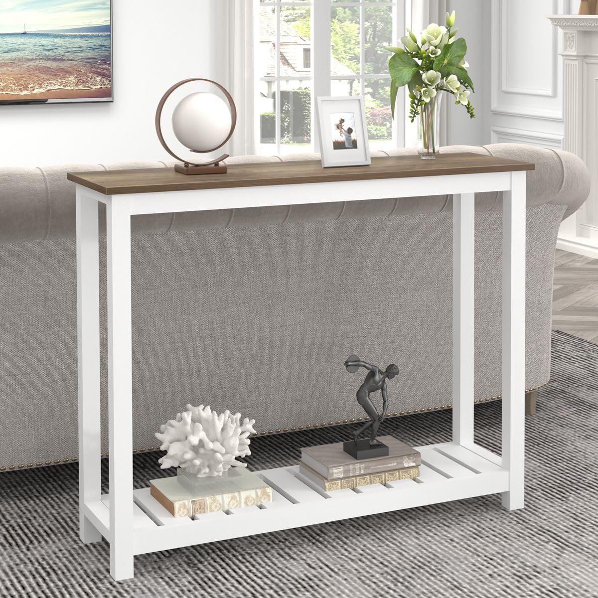 FOLUBAN Farmhouse Sofa Table, Rustic Vintage Console Table for Entryway, Living Room, Hallway, White