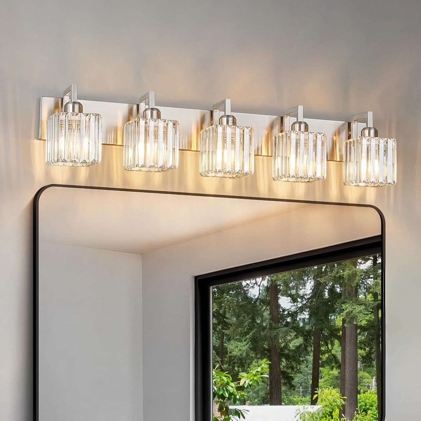 Modern Bathroom Vanity Light 5-Lights Brushed Nickel Vanity Light Crystal Wall Light Bathroom Light Fixtures