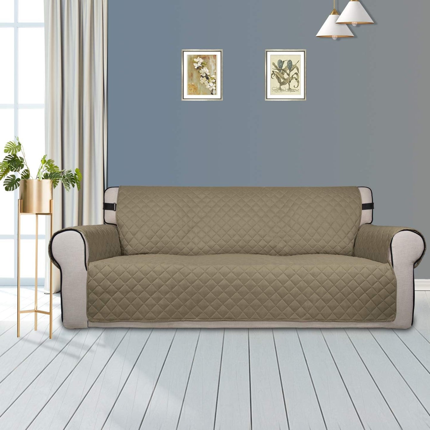 PureFit Reversible Sofa Couch Cover Water Resistant Couch Covers for 3 Cushion, Washable Furniture Cover with Non-Slip Foam and Adjustable Strap for Dogs, Pets (Oversized Sofa, Beige/Ivory)