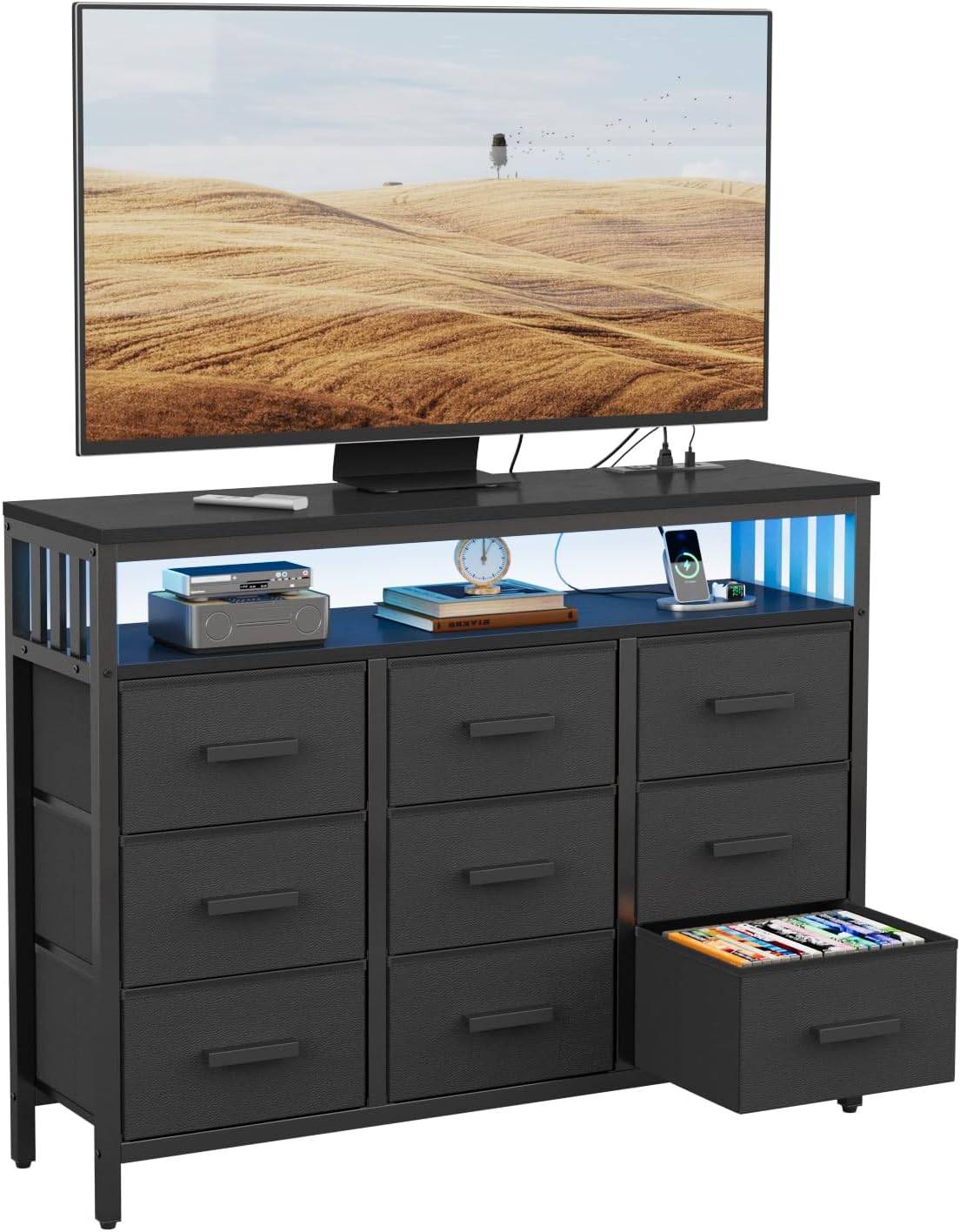 9 Drawer Dresser TV Stand with LED Lights & Power Outlets, Entertainment Center with Open Shelf, Media Console for 50” TV, Large Storage Dresser for Bedroom (Black)