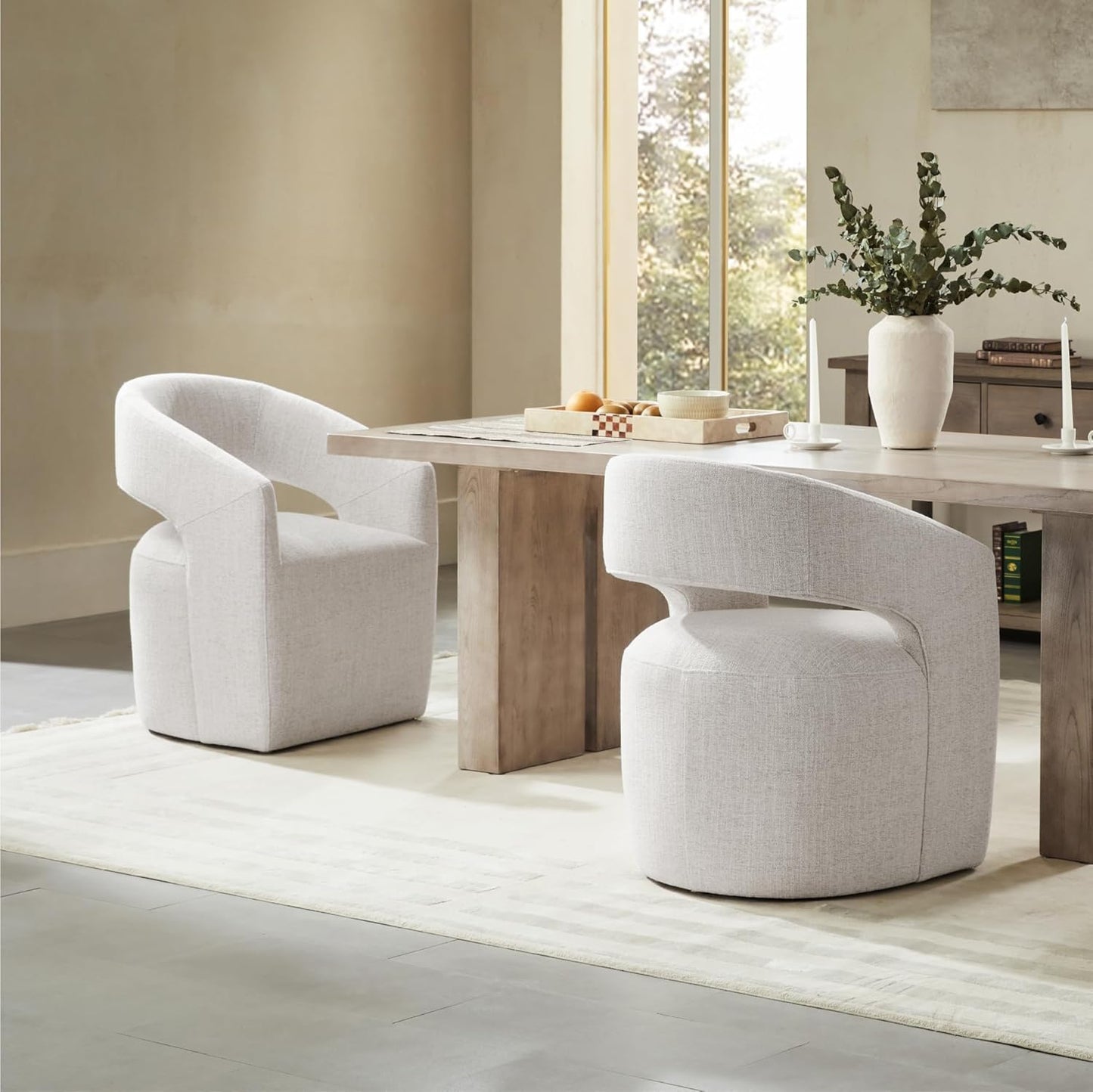 Upholstered Dining Chairs with Casters No Assembly Modern Barrel Armchair with Rollers for Diningroom Bedroom Livingroom Reading Room,Set of 2,White