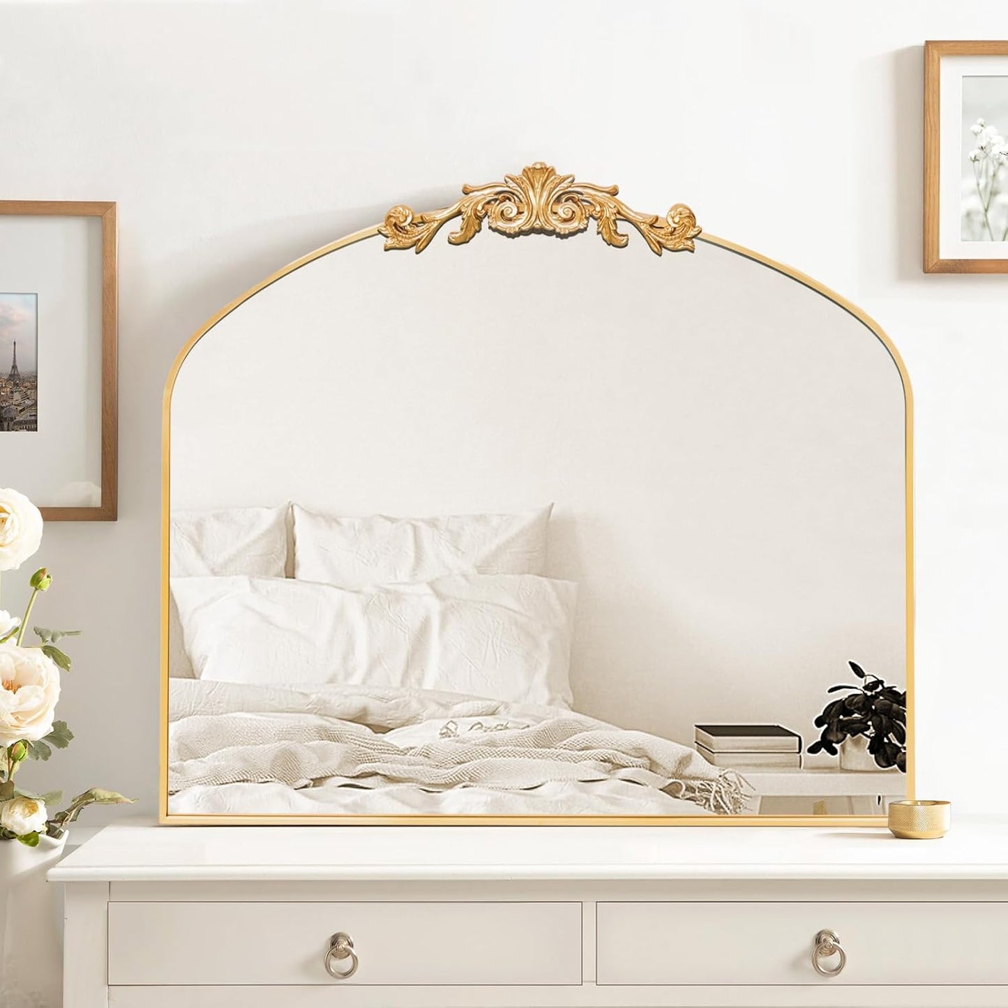 MISSDAY Vintage Gold Baroque Mirror for Wall, 36"X30" Arched Antique Wall Mirror with Elegant Carving Top, Full Metal Frame Wall-Mounted Mirror for Bathroom, Living Room, Fireplace, Entryway, Hallway