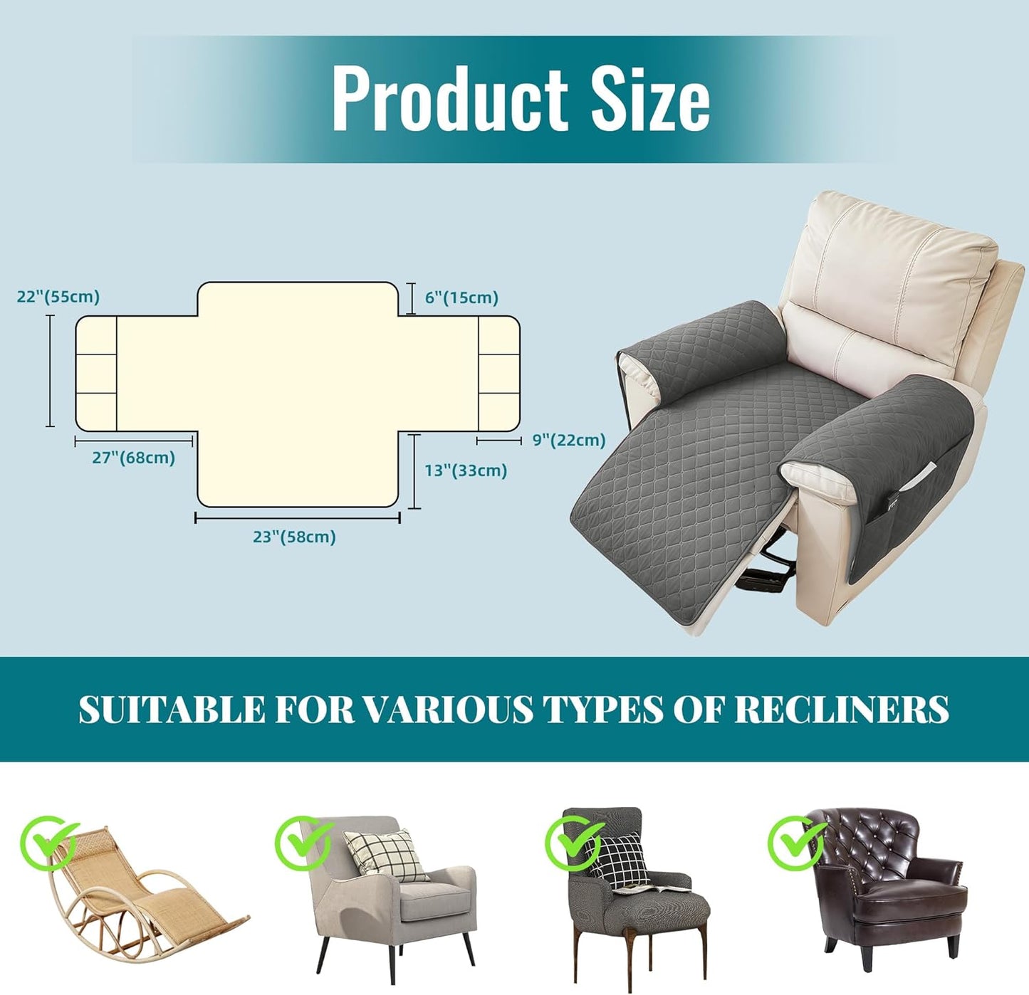 MEHIDFY Sofa Seat Arm Cover, Waterproof Couch Armrest Protector, Anti-Slip Sofa Cover, Remote Holder for Armchair, Dual Side Recliner Caddy with 3 Pockets for TV Remote, Phone, Pad, Pen, Book(Grey)