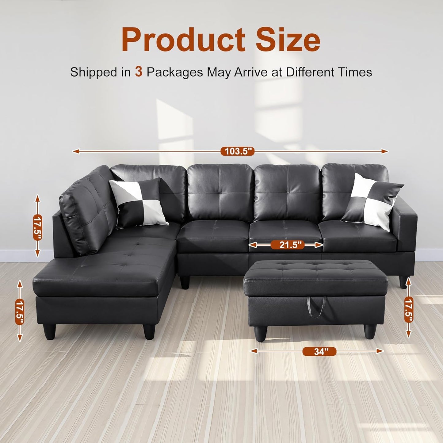 Osparple L Shaped Couch Faux Leather Sectional Couches for Living Room Upholstered 3 Pieces Modular Sectional Sofa with Chaise, Ottoman with Storage for Living Room and Small Apartment, Black