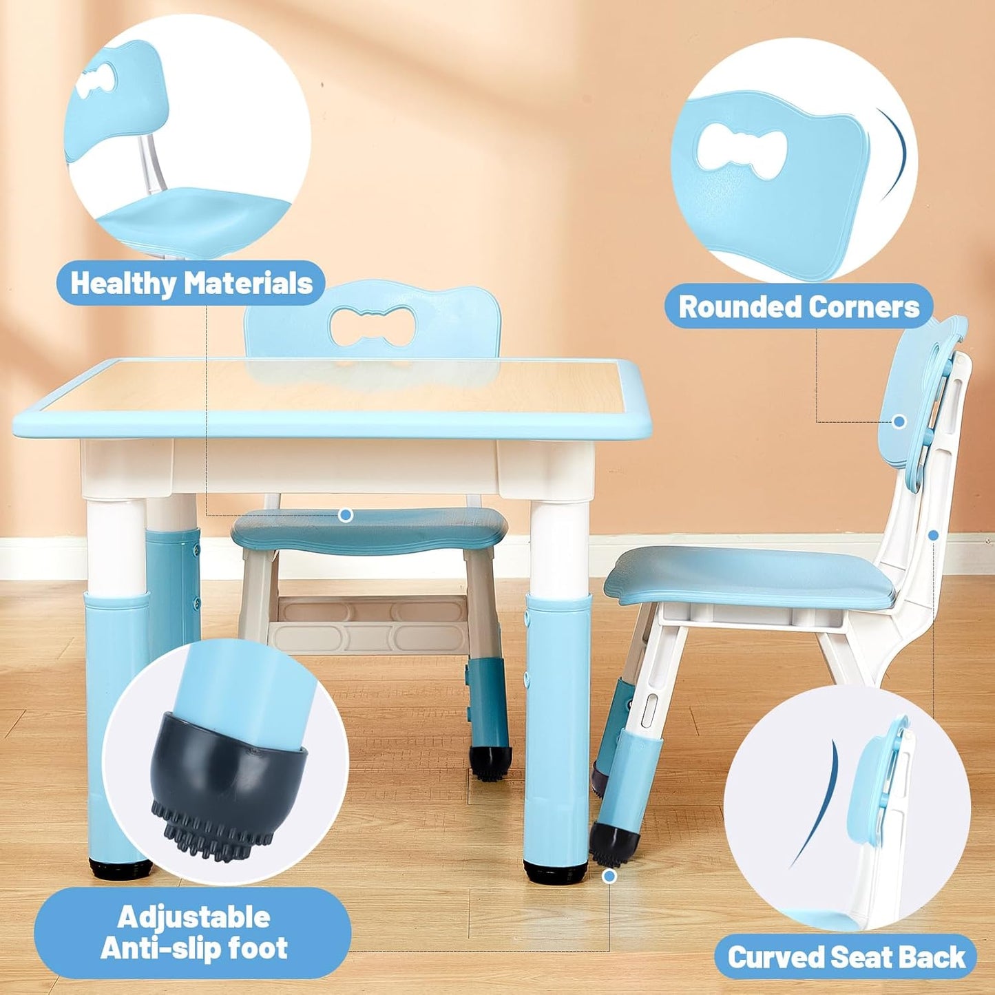 FUNLIO Adjustable Kids Chair (2pcs), 3 Level Height Adjustable Toddler Chair for Ages 3-8, Sturdy Child Chair with Maximum Bearing 220lbs, for Classrooms/Daycares/Homes, CPC & CE Approved - Blue